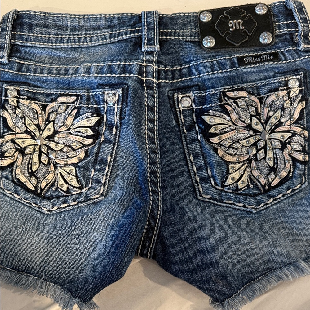 Miss Me Dark Blue Embroidered Denim Shorts